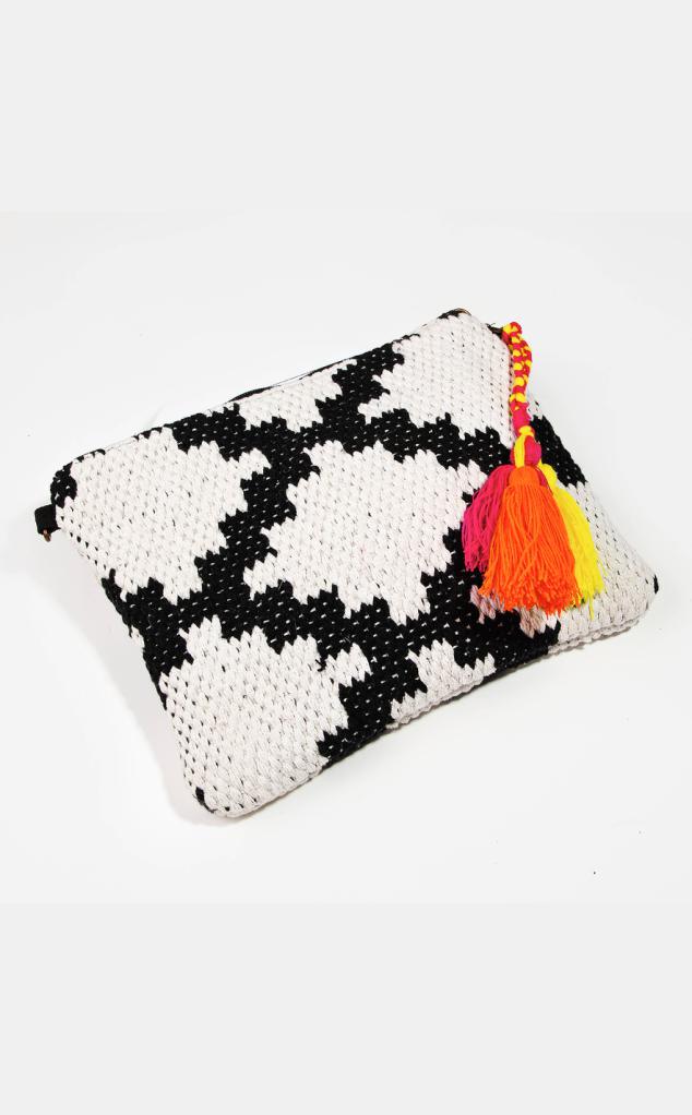Jessica Black & White With Tassels Clutch or Cross Body Bag