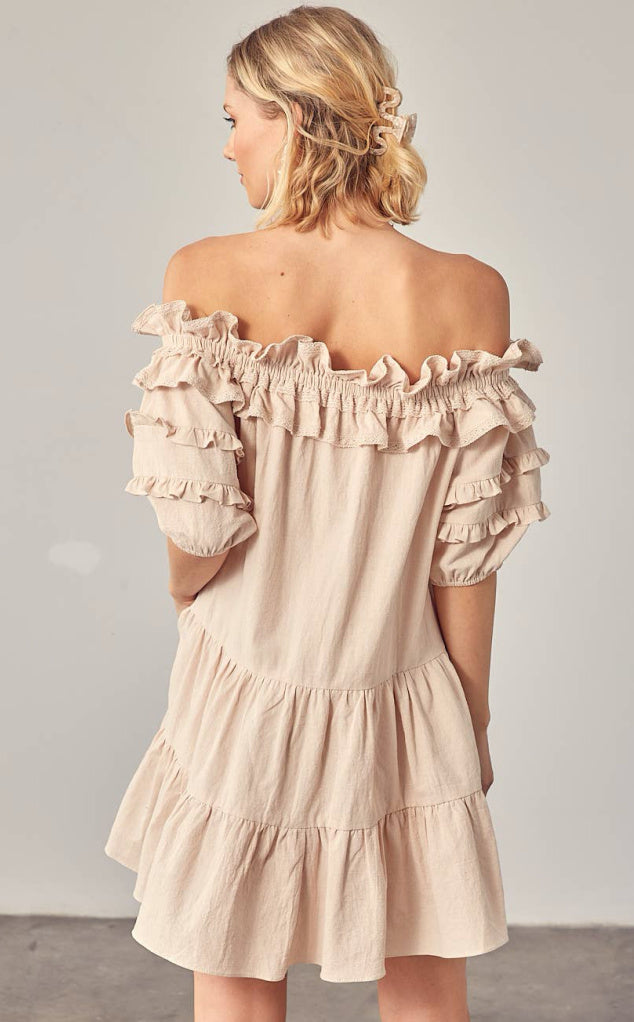 OFF SHOULDER RUFFLE & TRIM DETAIL BABY DOLL DRESS - FOREVER YOUNG SWIMWEAR