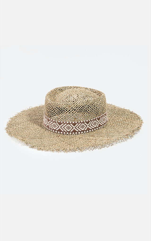Kay Straw Weave Tribal Pattern Strap Flat Rim Sun Hat